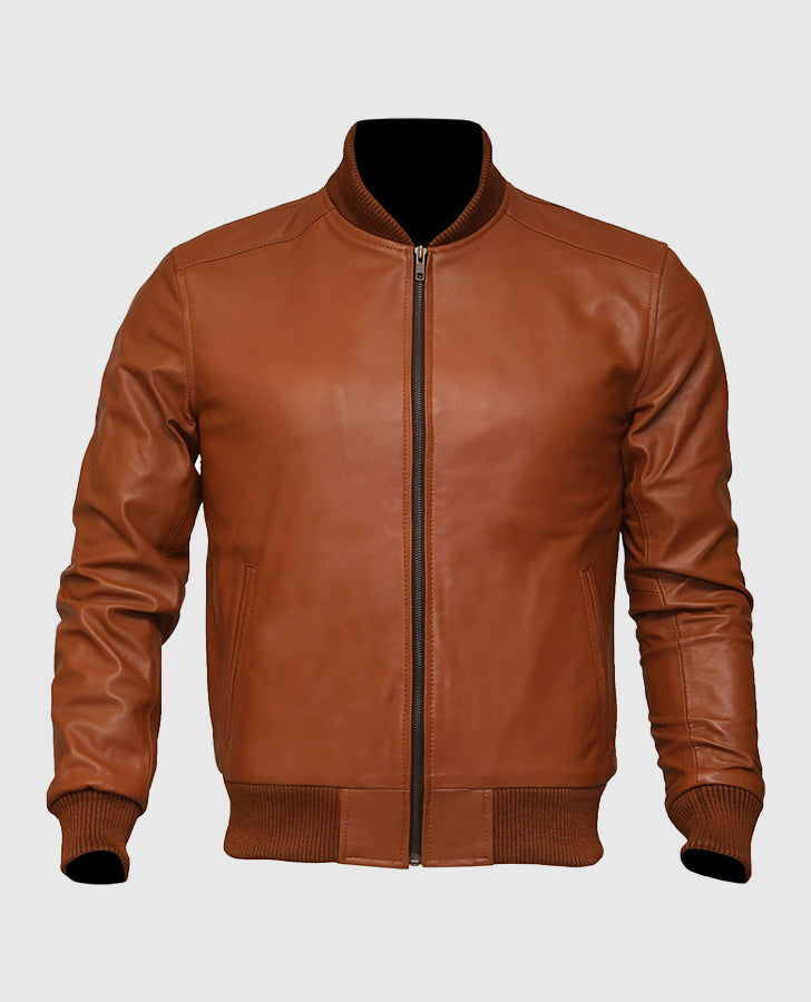 Men's US Flag Tan Brown Bomber Leather Jacket
