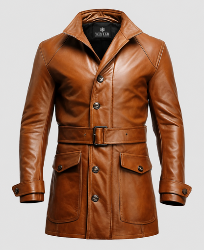 Men's Vintage Tan Brown Big Pockets Leather Coat
