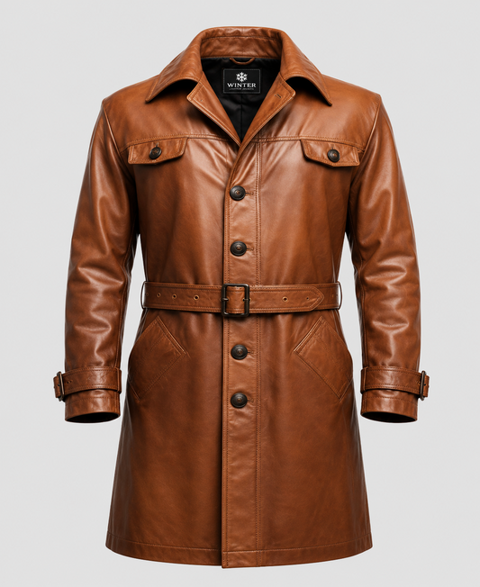 Men's Vintage Brown Long Leather Coat