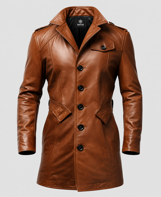 Men's Vintage Tan Brown Long Leather Coat