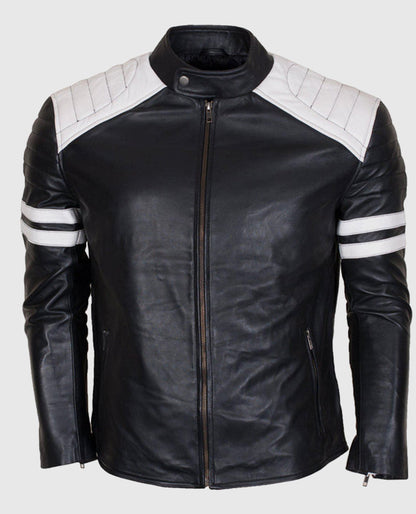 Men's White Stripes Black Cafe Racer Leather Jacket