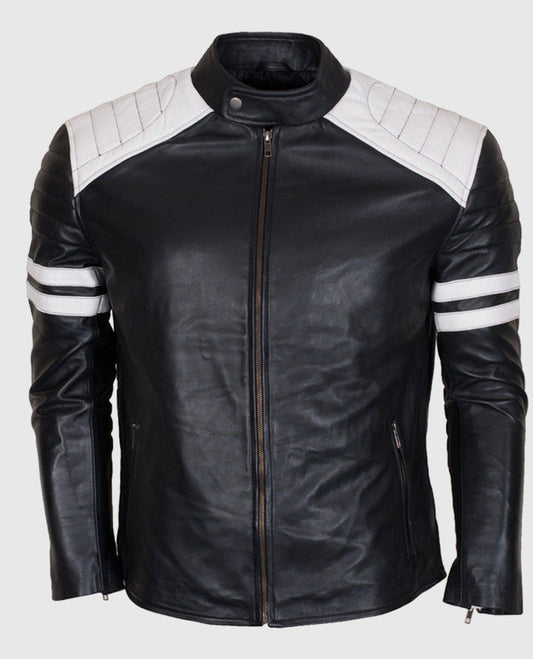 Men's White Stripes Black Cafe Racer Leather Jacket