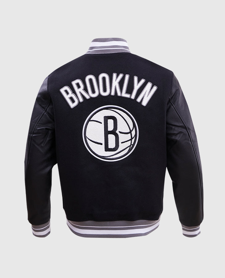 NBA Brooklyn Nets Rib Wool Black Varsity Jacket