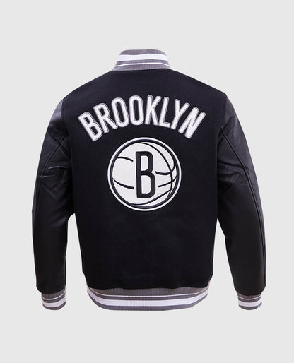 NBA Brooklyn Nets Rib Wool Black Varsity Jacket