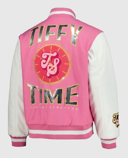 Pink and white varsity jacket with 'TIFFY TIME' text and logo