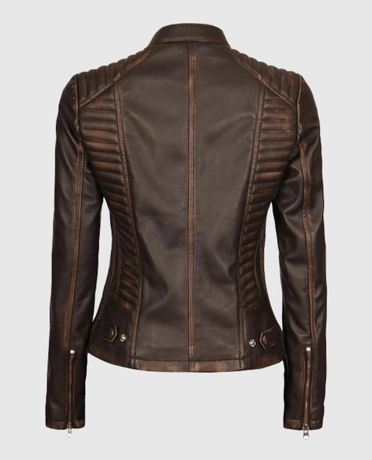Rachel Dark Brown Rub-off Cafe Racer Leather Jacket