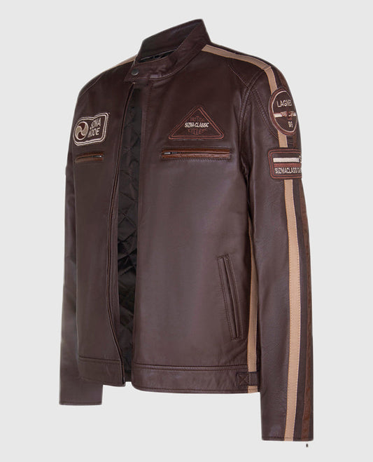SIZMA Brown Cafe Racer Style Leather Jacket