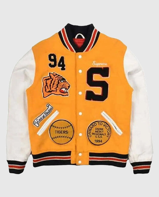 Supreme Tiger White and Yellow Varsity Jacket