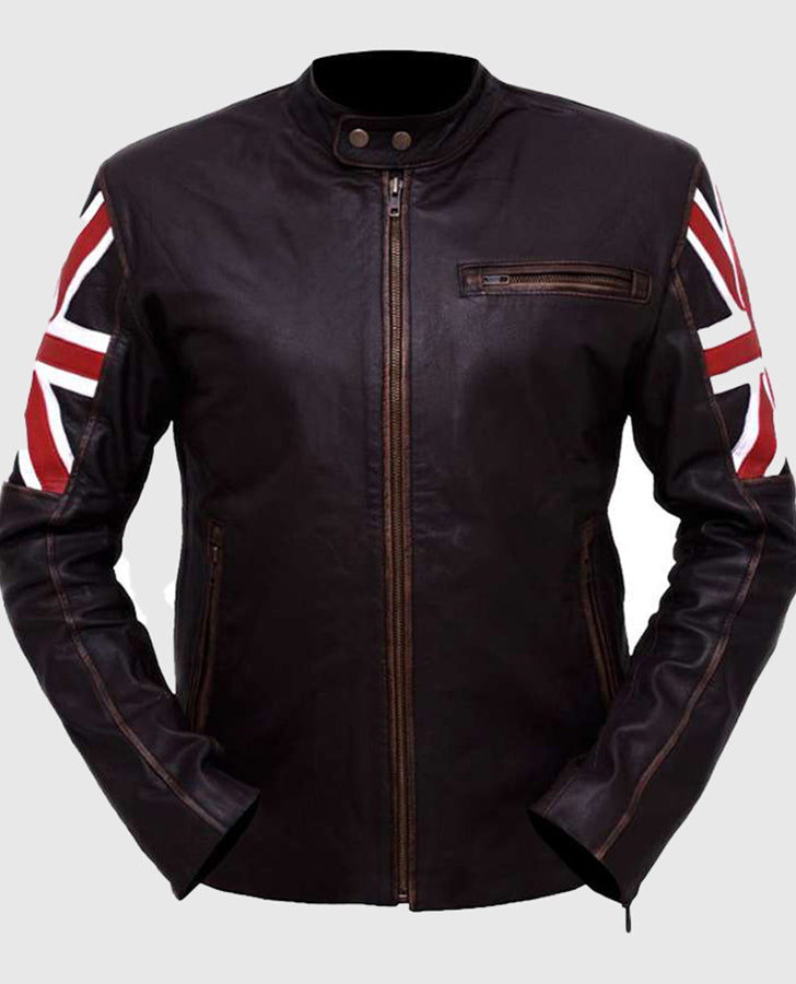 UK Flag Cafe Racer Vintage Leather Jacket
