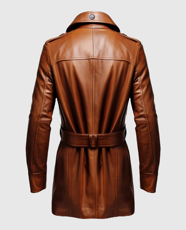Vintage Tan Brown Long Leather Coat for Men