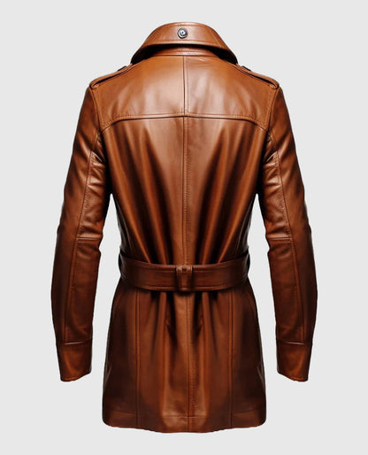 Vintage Tan Brown Long Leather Coat for Men
