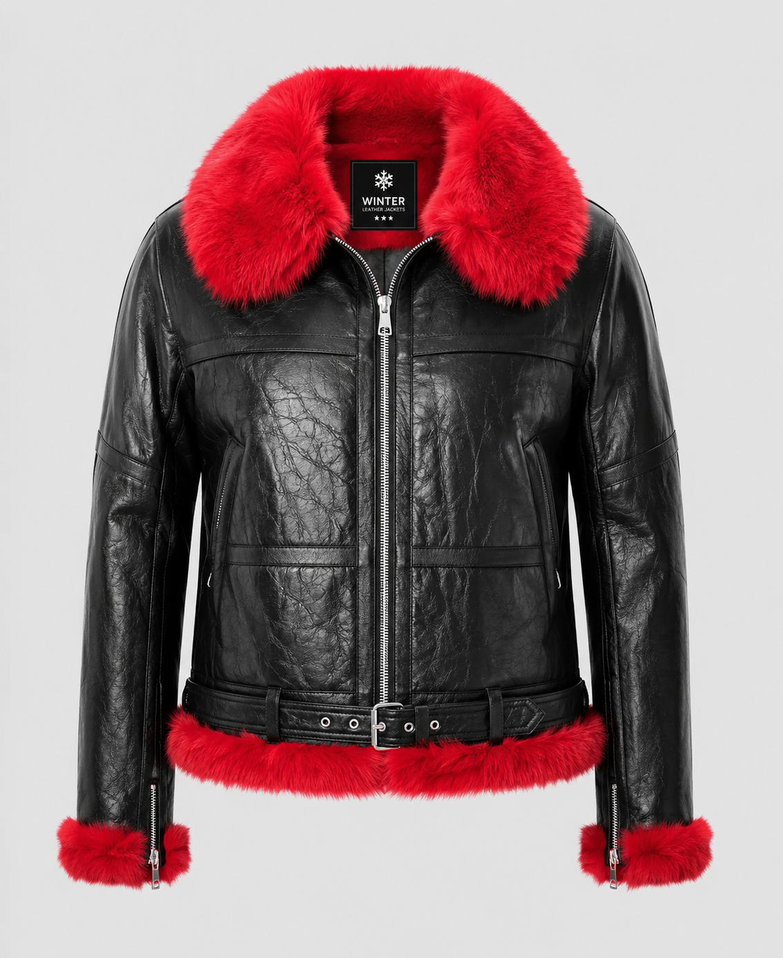 Women Red Faux Fur Aviator Leather Jacket