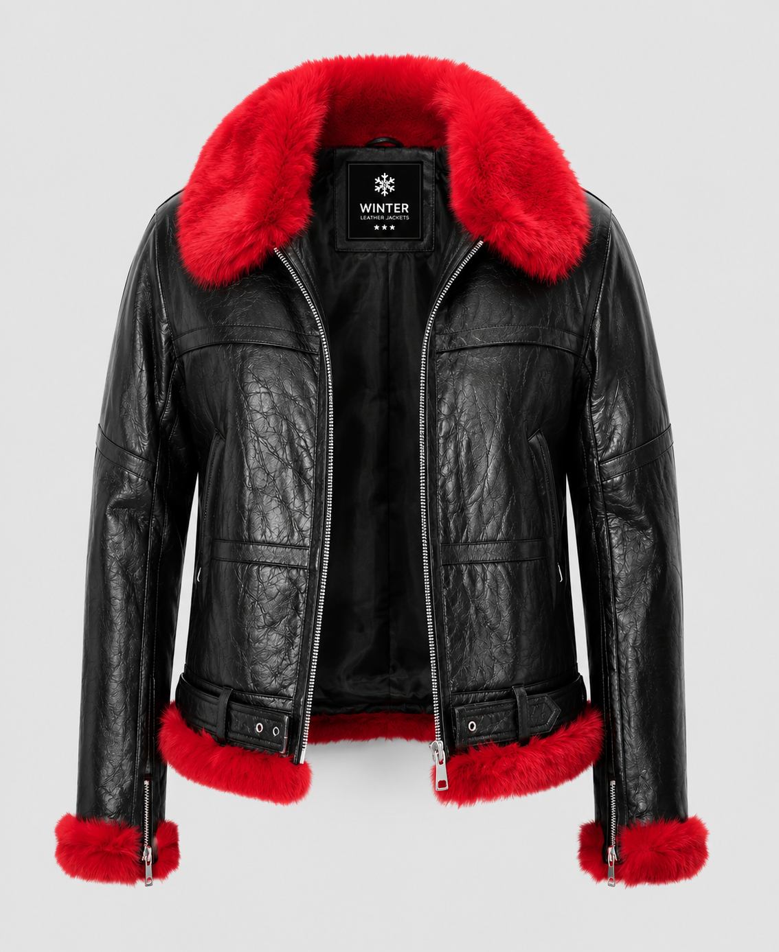 Womens Red Faux Fur Aviator Leather Jacket