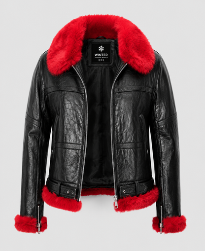 Womens Red Faux Fur Aviator Leather Jacket