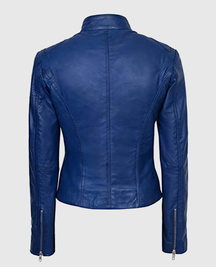 Women's Basic Four Pocket Blue Leather Jacket