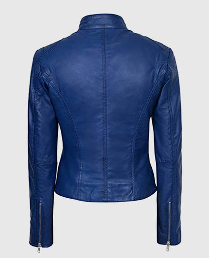Women's Basic Four Pocket Blue Leather Jacket