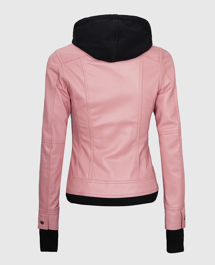 Women's Hooded Pink Bomber Leather Jacket