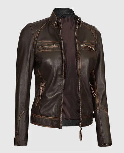 Women's Rub Off Dark Brown Leather Cafe Racer Jacket