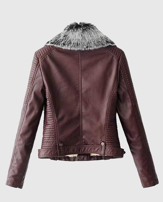 Women's Faux Fur Quilted Moto Maroon Jacket
