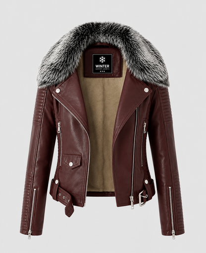 Women's Faux Fur Quilted Biker Maroon Jacket