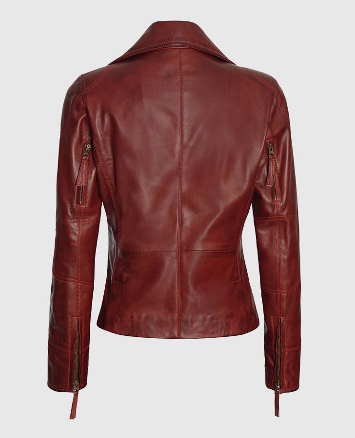 Women's Asymmetrical Maroon Biker Leather Jacket