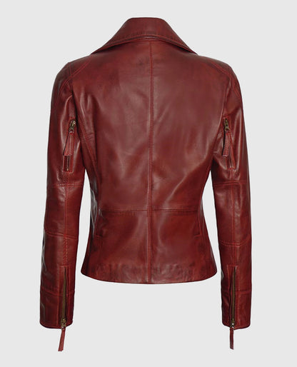 Women's Asymmetrical Maroon Biker Leather Jacket