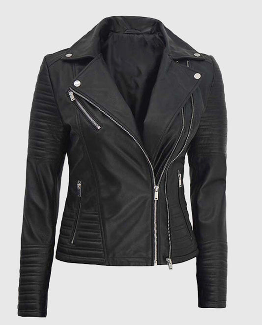 Women's Asymmetrical Quilted Black Biker Leather Jacket