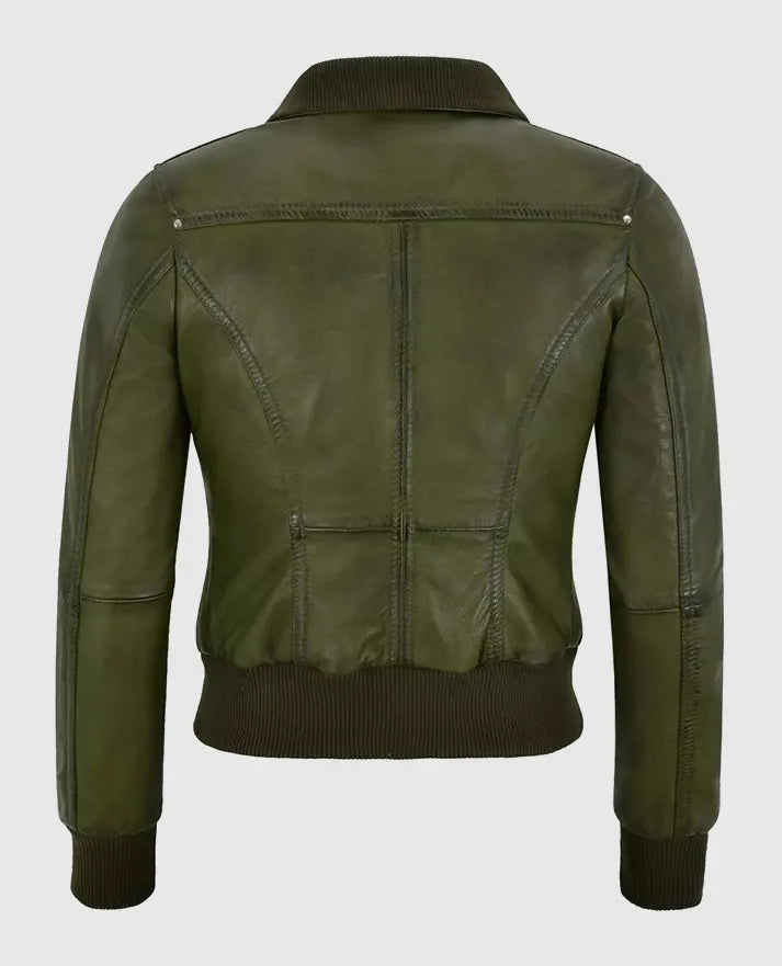 Women's Aviator Bomber Olive Leather Jacket