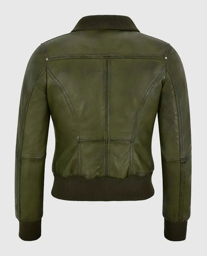 Women's Aviator Bomber Olive Leather Jacket