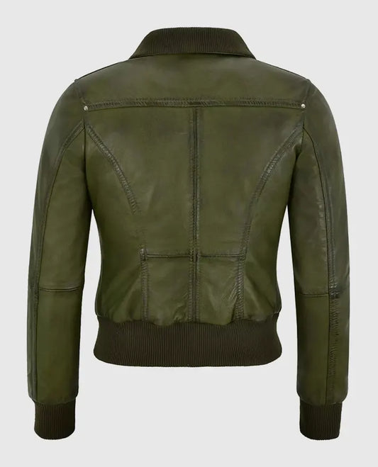 Women's Aviator Bomber Olive Leather Jacket