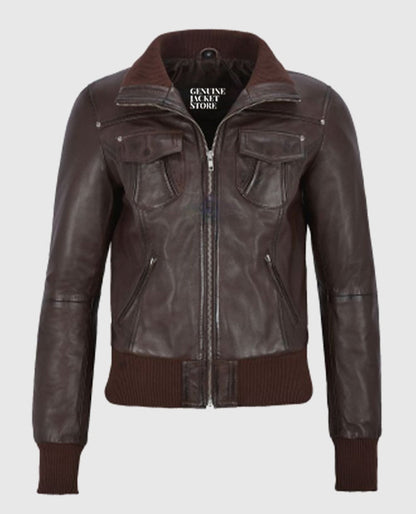 Women's Aviator Brown Bomber Leather Jacket