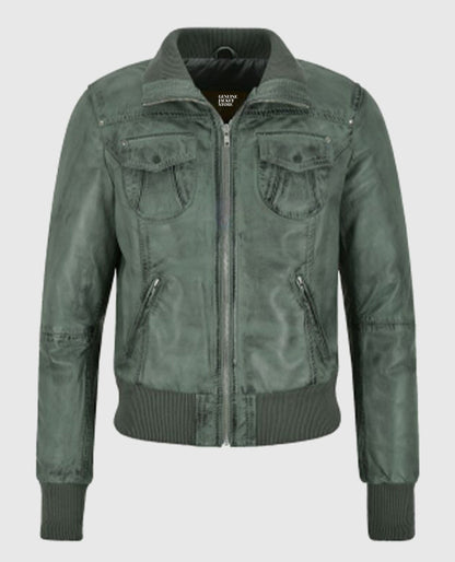 Women's Aviator Grey Bomber Leather Jacket