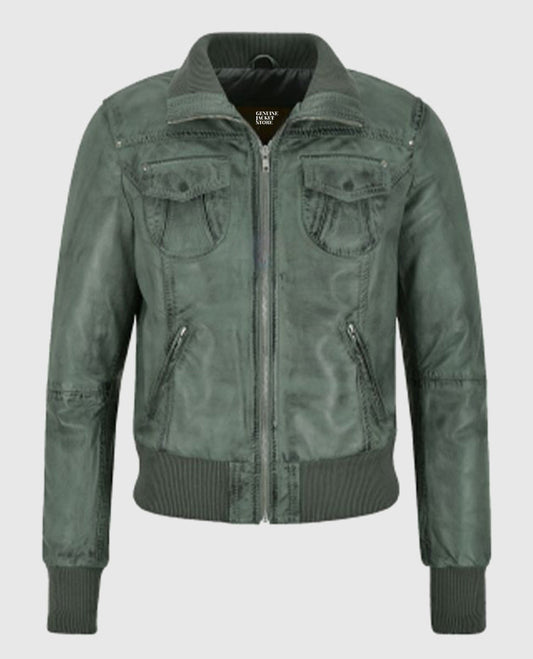 Women's Aviator Grey Bomber Leather Jacket