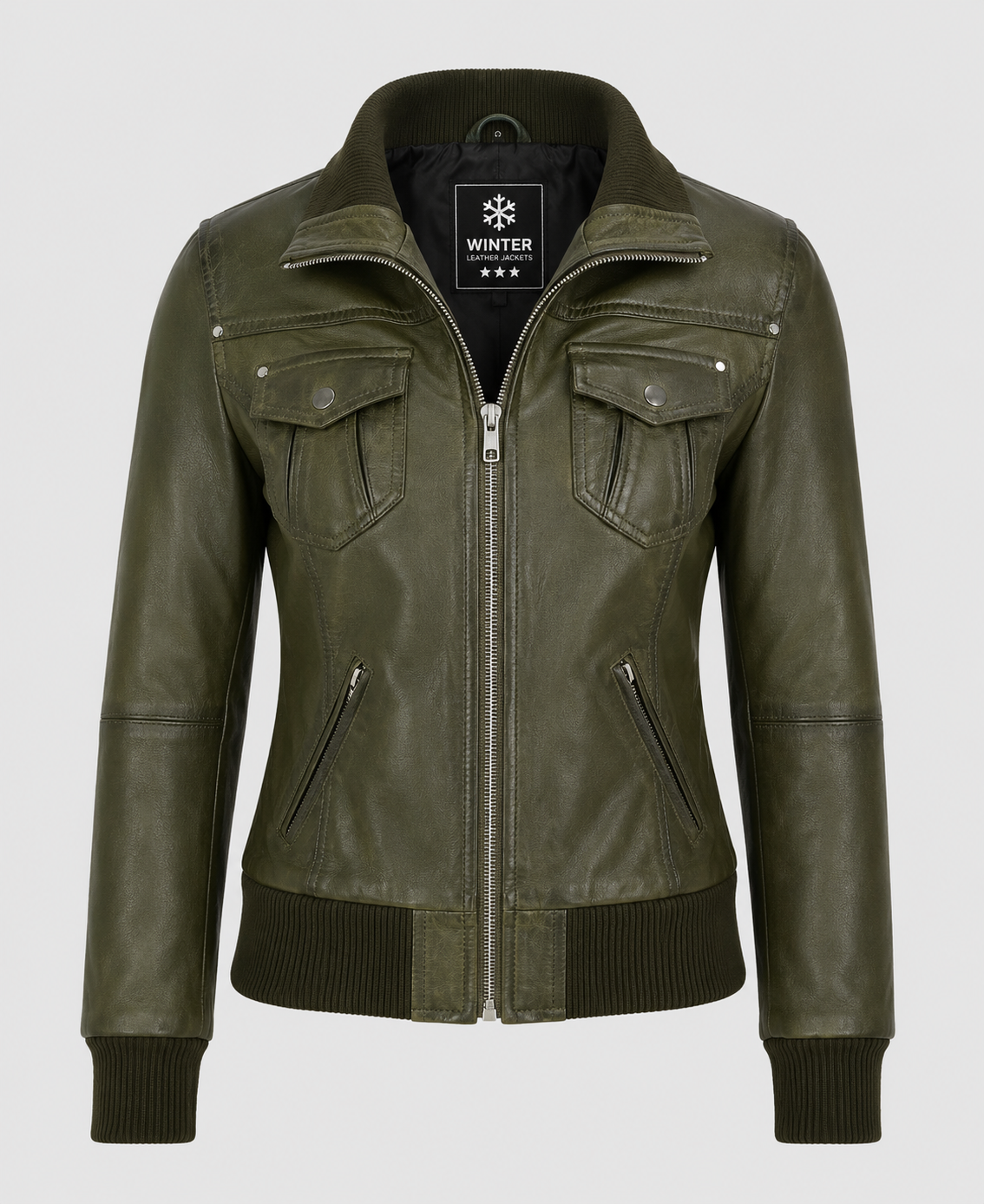 Women's Aviator Olive Green Bomber Leather Jacket