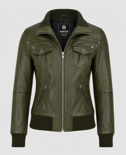 Women's Aviator Olive Green Bomber Leather Jacket