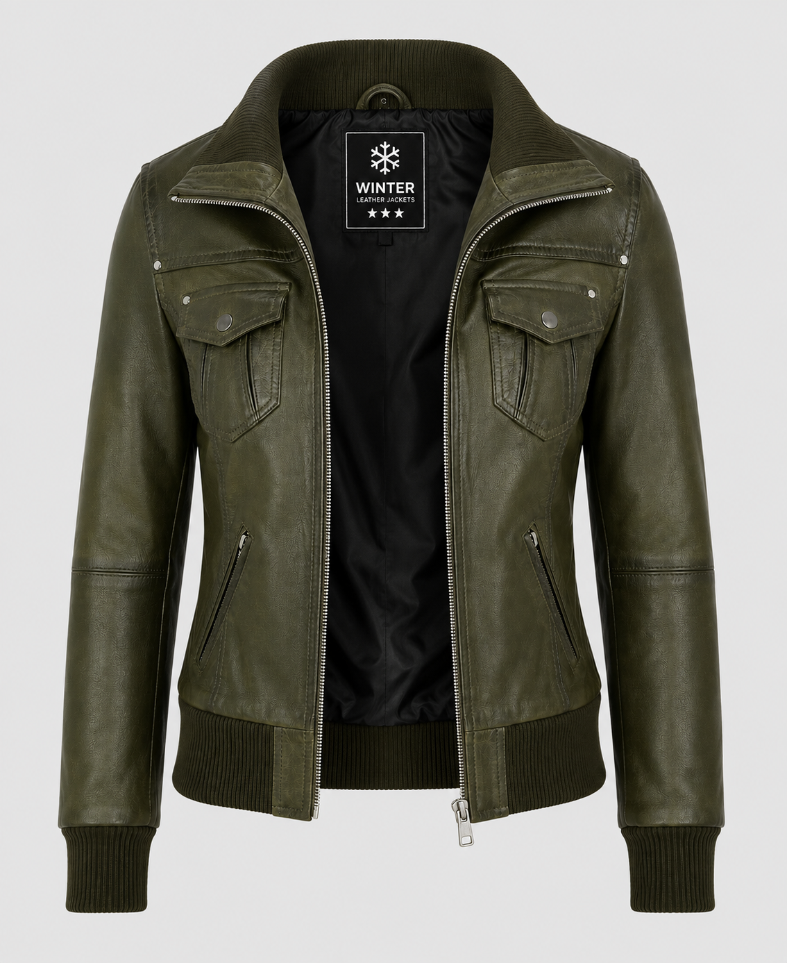 Women's Olive Green Aviator Bomber Leather Jacket