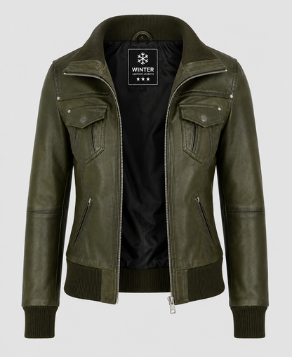Women's Olive Green Aviator Bomber Leather Jacket