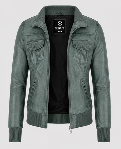 Women's Aviator Teal Bomber Leather Jacket