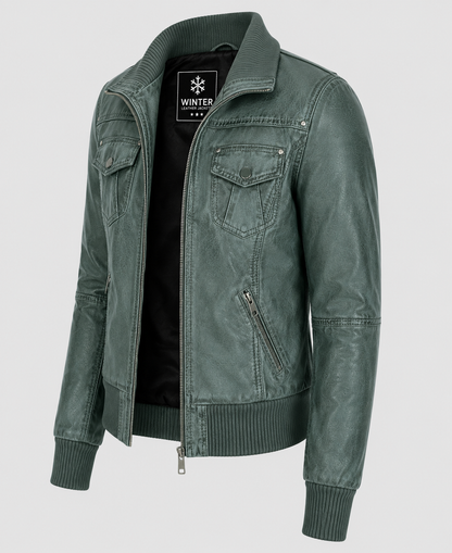 Womens Aviator Teal Bomber Leather Jacket