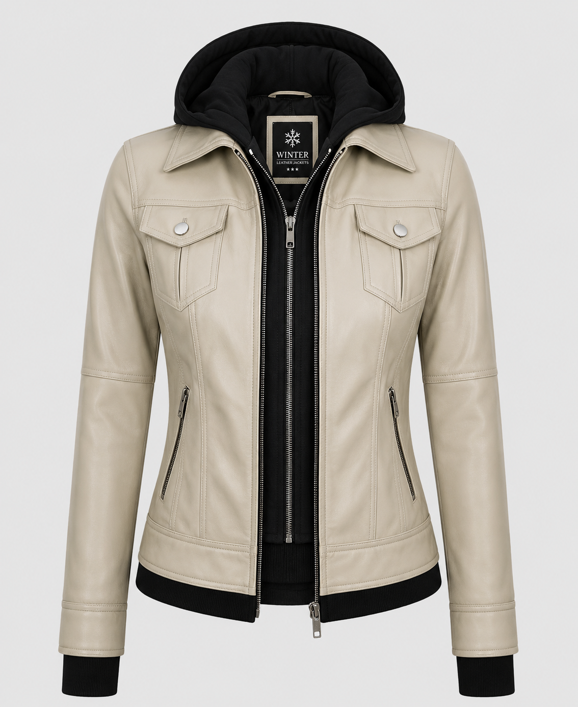 Women's Beige Hooded Leather Bomber Jacket