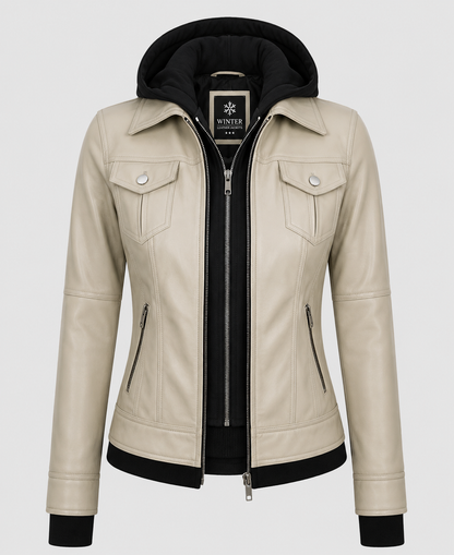 Women's Beige Hooded Leather Bomber Jacket