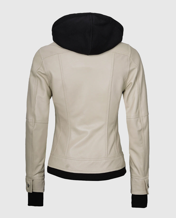 Women's Beige Hooded Bomber Leather Jacket