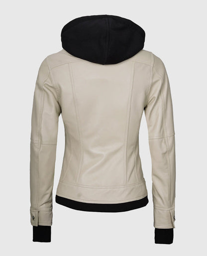 Women's Beige Hooded Bomber Leather Jacket