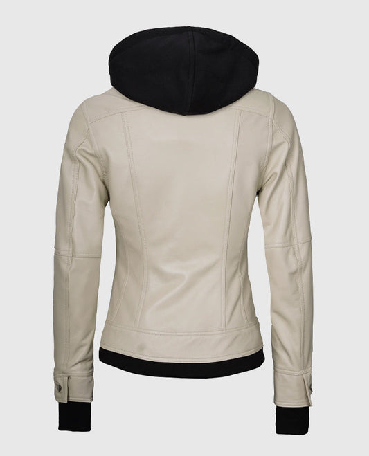 Women's Beige Hooded Bomber Leather Jacket