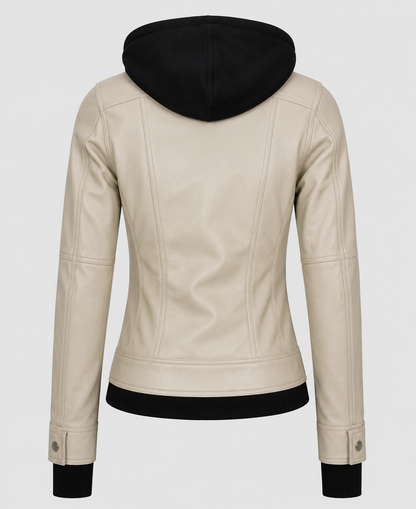Womens Beige Hooded Leather Bomber Jacket