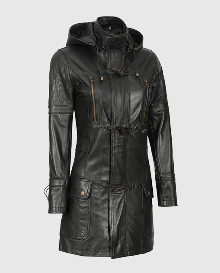 Women's Black Hooded Leather Coat
