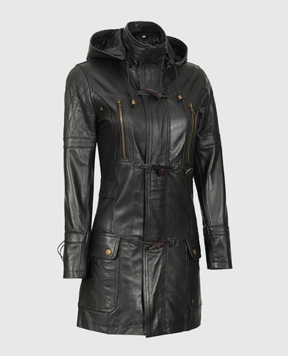 Women's Black Hooded Leather Coat