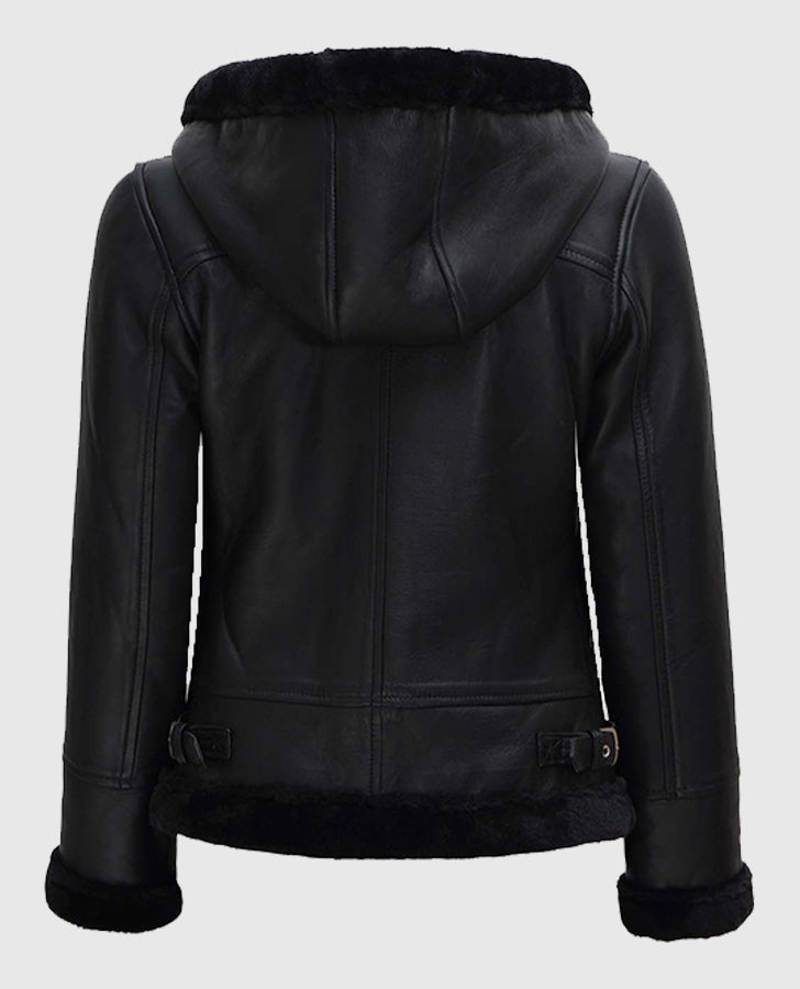 Women's Black Hooded Shearling Bomber Leather Jacket