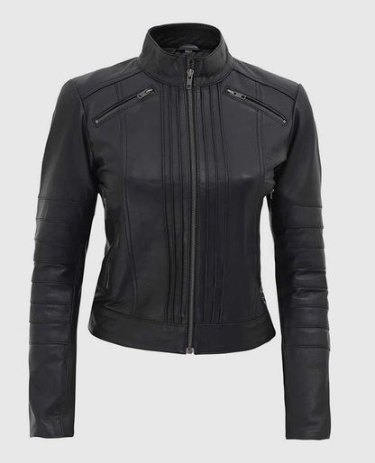 Women's Black Leather Cafe Racer Jacket with Decorated Seams