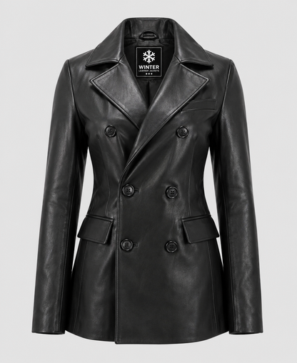 Women's Double Breasted Black Leather Blazer